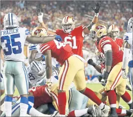  ?? JANE TYSKA — STAFF PHOTOGRAPH­ER ?? The 49ers’ Andrew Lauderdale (61) celebrates Joe Williams’ second quarter touchdown against the Dallas Cowboys on Thursday night.