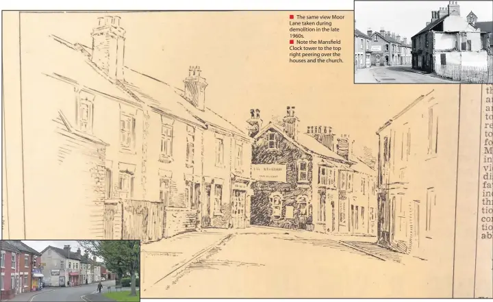  ??  ?? Looking down Moor Lane, today (above) and in 1968 with the sketch by AT Warbis