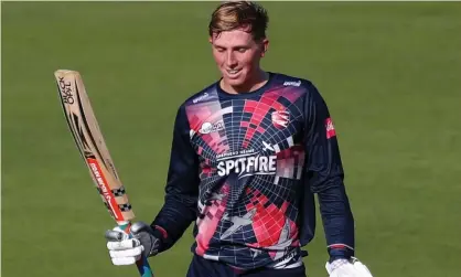  ??  ?? Zak Crawley celebrates his T20 century for Kent against Hampshire. ‘It’s definitely an ambition to play white-ball cricket for England,’ he said. Photograph: Naomi Baker/Getty Images