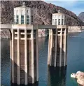  ?? RICHARD VOGEL/ASSOCIATED PRESS FILE PHOTO ?? A bathtub ring of light minerals in 2019 shows the high-water mark of the reservoir at the Hoover Dam, Ariz., which has shrunk to its lowest point on the Colorado River.