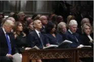  ?? ASSOCIATED PRESS PHOTOS ?? From left, President Donald Trump, first lady Melania Trump, former President Barack Obama, Michelle Obama, former President Bill Clinton and former Secretary of State Hillary Clinton listen during a State Funeral at the National Cathedral, Wednesday in Washington, for former President George H.W. Bush.