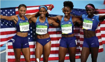  ?? Shaun Botterill/Getty Images ?? English Gardner, Allyson Felix, Tianna Bartoletta and Tori Bowie celebrate their victory in the 4x100m at the 2016 Olympics. Photograph: