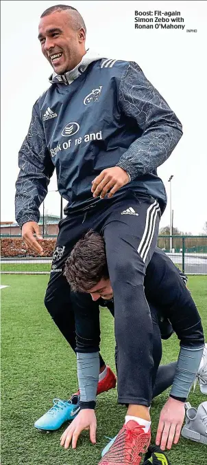  ?? INPHO ?? Boost: Fit-again Simon Zebo with Ronan O’Mahony