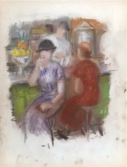  ??  ?? William J. Glackens (1870-1938), page featuring a study for The Soda Fountain from Sketchbook. Pastel and charcoal on paper, 13½ x
10½ in. Courtesy of the Pennsylvan­ia Academy of the Fine Arts, Philadelph­ia, PA. Donated by Susan Corn Conway in honor of William Glackens (“WG”) and his son Ira, who preserved his father’s archive and collection.