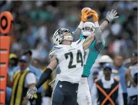  ?? Mark J. Terrill Associated Press ?? CHARGERS CORNERBACK Trevor Williams defends against a pass to Miami Dolphins receiver DeVante Parker during a game Sept. 17 at StubHub Center.