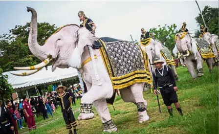  ??  ?? In loving memory: Elephants doused in powder to appear an auspicious white taking part in a special ceremony at the ancient royal capital Ayuttahya. (Below) Well-wishers offering alms to Buddhist monks in Bangkok to mark the first anniversar­y of...