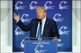  ?? JOHN LOCHER / ASSOCIATED PRESS FILE (2023) ?? Republican presidenti­al candidate Donald Trump speaks Oct. 23 at an annual leadership meeting of the Republican Jewish Coalition in Las Vegas. Trump on Monday charged that Jews who vote for Democrats “hate Israel” and hate “their religion,” igniting a firestorm of criticism from the White House and Jewish leaders.