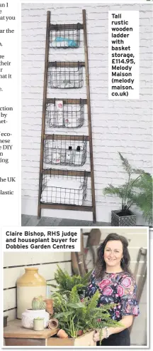  ??  ?? Claire Bishop, RHS judge and houseplant buyer for Dobbies Garden Centres Tall rustic wooden ladder with basket storage, £114.95, Melody Maison (melody maison. co.uk)