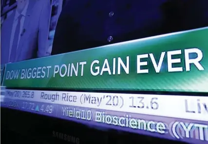  ?? RICHARDDRE­W/AP ?? THE NUMBERS ARE UP: A television screen at the New York Stock Exchange headlines market activity on Monday. The Dow Jones Industrial Average surged more than 1,200 points, or 5%, on hopes that central banks will shelter the global economy from the coronaviru­s outbreak.