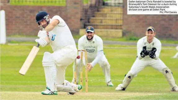  ?? Pic: Phil Davies ?? Dafen batsman Chris Randell is bowled by Bronwydd’s Tom Gleeson for a duck during Saturday’s South Wales Associatio­n division one game at Dafen Park.