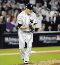  ?? David J. Phillip ?? The Associated Press Yankees pitcher Masahiro Tanaka celebrates after a strikeout to end the top of the fifth inning of New York’s 5-0 home victory over the Astros in Game 5 of the American League Championsh­ip Series on Wednesday.