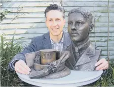 ??  ?? Picture from the top, Artist Anthony Padgett alongside the Wilfred Owen bust; a dried caul purchased in Scarboroug­h as an amulet against death by drowning, 1917; a First World War soldier’s mascot worn to bring him luck, alongside Clarke’s original...