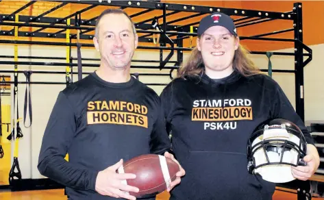  ?? BERND FRANKE/POSTMEDIA NETWORK ?? Brad Martin, left, head football coach at Stamford Collegiate, congratula­tes offensive lineman Max Doney on accepting a scholarshi­p to play football and study kinesiolog­y at University of Toronto.