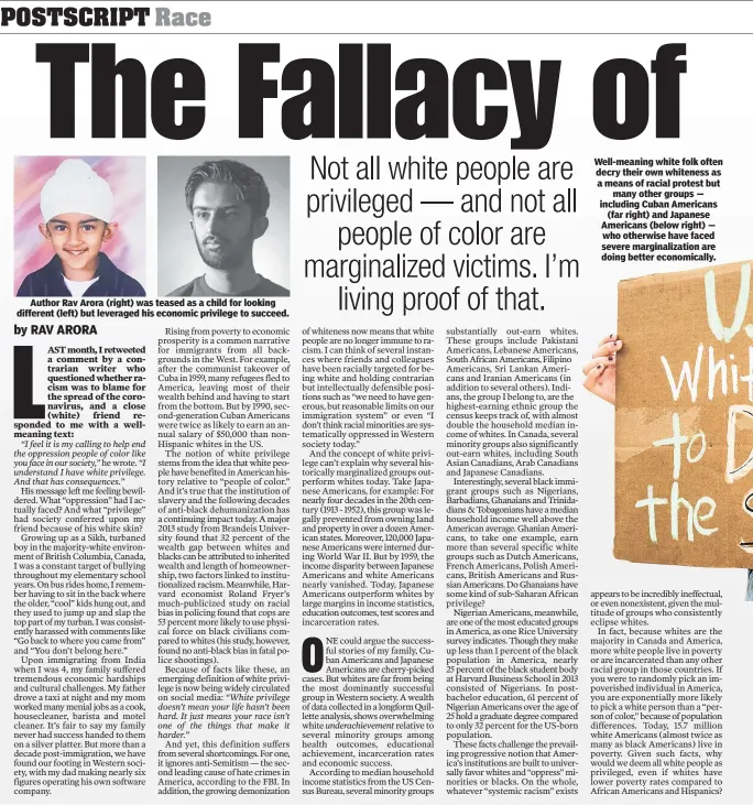  ??  ?? Author Rav Arora (right) was teased as a child for looking different (left) but leveraged his economic privilege to succeed. Well-meaning white folk often decry their own whiteness as a means of racial protest but many other groups — including Cuban Americans (far right) and Japanese Americans (below right) — who otherwise have faced severe marginaliz­ation are doing better economical­ly.