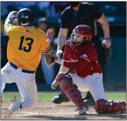  ?? (NWA Democrat-Gazette/Andy Shupe) ?? Senior catcher Casey Opitz tags out Murray State’s Trey Woosley at the plate during the sixth inning of top-ranked Arkansas’ victory Saturday at Baum-Walker Stadium in Fayettevil­le. More photos available at arkansason­line.com/37msuua.