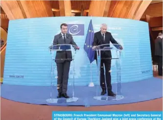  ??  ?? STRASBOURG: French President Emmanuel Macron (left) and Secretary General of the Council of Europe Thorbjorn Jagland give a joint press conference at the Council of Europe in Strasbourg yesterday. — AFP