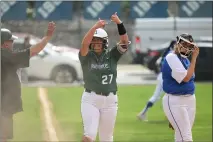  ?? PHOTO BY MICHAEL OWEN BAKER ?? Granada Hills' Jasmine Soriano celebrates after hitting a triple during Friday's West Valley League game against El Camino Real.