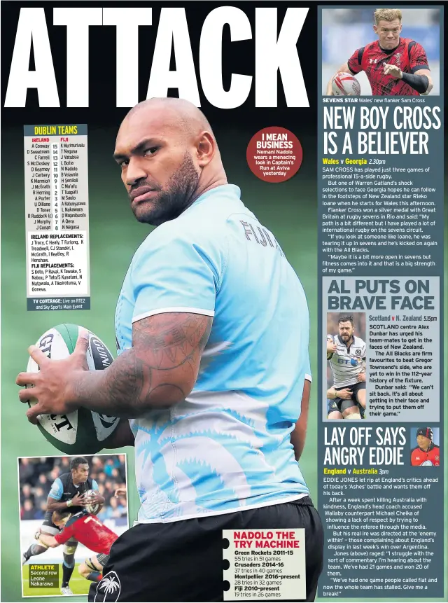  ??  ?? ATHLETE Second row Leone Nakarawa I MEAN BUSINESS Nemani Nadolo wears a menacing look in Captain’s Run at Aviva yesterday SEVENS STAR Wales’ new flanker Sam Cross