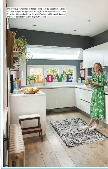  ??  ?? The previous owners had installed a simple white-gloss kitchen that included integrated appliances and high-quality quartz work surfaces. As well as tiling and painting the walls, Sophie and Rich added open shelves to boost storage and display treasures