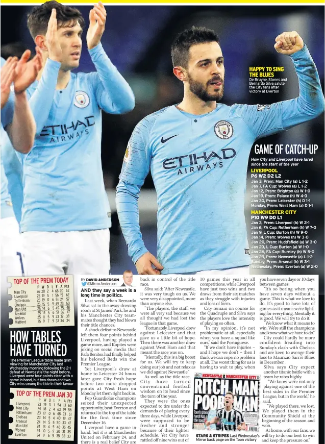  ??  ?? HAPPY TO SING THE BLUESDe Bruyne, Stones and Bernardo Silva salute the City fans after victory at Everton