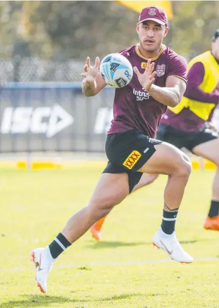  ?? Picture: AAP IMAGE ?? Valentine Holmes trains with the Maroons at Sanctuary Cove yesterday.