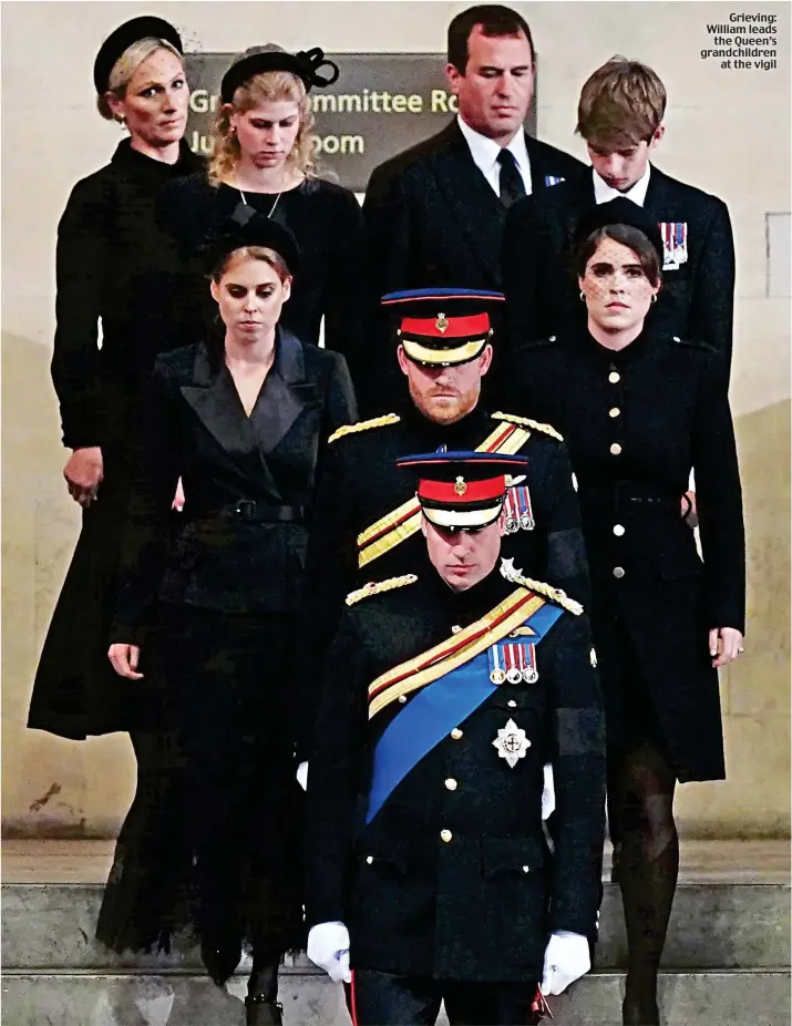  ?? ?? Grieving: William leads the Queen’s grandchild­ren at the vigil