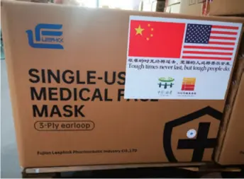  ??  ?? Masks donated by Fujian Province in southeast China arrive at Wilsonvill­e in its U.S. sister state of Oregon on April 29