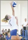  ?? Westside Eagle Observer/MIKE ECKELS ?? Destiny Mejia sends the ball back into Lady Barnstorme­r territory during the first set of the Decatur-Thaden varsity volleyball match in the new gym at Decatur Middle School Aug. 18. This was the inaugural volleyball match for the Lady Bulldogs as the team moves into its new home at the new middle school gym.