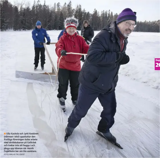  ?? FOTO: NIKLAS TALLQVIST ?? Ulla Kaukola och Jyrki Koskinen (närmast i bild) uppskattar den frivilliga föreningen Koles arbete med skridskoba­nan på Gallträsk och tvekar inte att hugga i och ploga upp isbanan när Henrik Fagerholm ber om lite assistans.