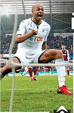  ?? ACTION IMAGES ?? Fired up: Swansea’s Andre Ayew celebrates Ki’s opener