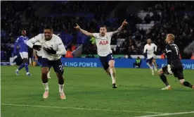  ?? Photograph: Jason Cairnduff/Action Images/Reuters ?? Steven Bergwijn races away to celebrate Tottenham’s extraordin­ary win at Leicester.