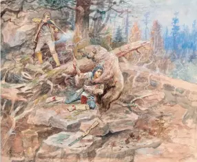  ??  ?? Charles M. Russell (1864-1926), In the Nick of Time, watercolor, 18 x 22”