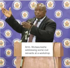  ?? ?? Amb. Wutawunash­e addressing some civil servants at a workshop.