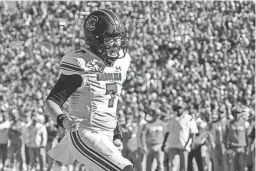  ?? JACOB KUPFERMAN/AP ?? South Carolina quarterbac­k Spencer Rattler celebrates after scoring a touchdown against Clemson on Saturday in Clemson, S.C.