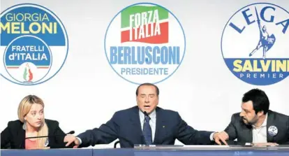  ?? ?? Koaliciju čine Giorgia Meloni, liderica Braće Italije, Silvio Berlusconi iz Naprijed Italija te Matteo Salvini, prvi čovjek Lige