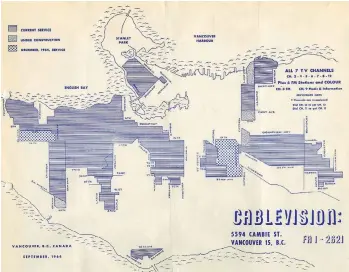  ?? VANCOUVER ARCHIVES ?? This 1964 map available online from the Vancouver Archives shows Cablevisio­n service areas from Drummond Street to Stanley Park to Willingdon Avenue to S.W. Marine Drive. Oddly enough, among the neighbourh­oods not covered was Shaughness­y. Also, much of...