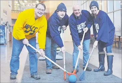  ?? ADAM MACINNIS/THE NEWS ?? Members of the Westside Community Centre and the Northend Rec Centre are preparing to faceoff this weekend at the Pictou County Wellness Centre in a game that serves as a fundraiser for the two community centres. Pictured from left are Frank Proudfoot,...