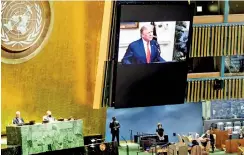  ??  ?? US President Donald Trump (on screen), addresses the General Assembly’s seventy-fifth session on September 22. Credit: United Nations