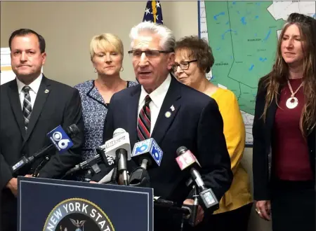  ?? GLENN GRIFFITH -MEDIANEWS GROUP ?? Sen. Jim Tedisco stating his opposition to the governor’s license plate proposal at a press conference Wednesday. Standing behind him lending their support are, left to right: Saratoga County Clerk Craig Hayner, Assemblywo­man Mary Beth Walsh, Herkimer County Clerk Sylvia Rowan and Columbia County Clerk Holly Tanner.