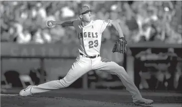  ?? Mark J. Terrill Associated Press ?? ANGELS STARTER Alex Meyer pitches during the third inning against Kansas City on Saturday. Meyer gave up two hits and struck out nine over six innings in the Angels’ 9-0 victory over the Royals.