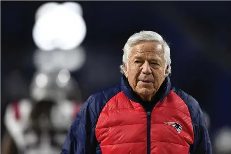  ?? ADRIAN KRAUS — THE ASSOCIATED PRESS ?? New England Patriots owner Bob Kraft walks the field during practice before an wild-card playoff game against the Buffalo Bills on Jan. 15, 2022 in Orchard Park, N.Y. Kraft said he will never sell the franchise.