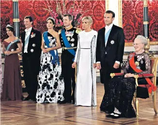  ??  ?? Echoes: Brigitte Macron opts for a floor-length gown at the Danish state banquet this week; below, the Duchess of Cambridge’s headband echoes that worn by Mary