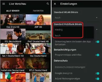  ??  ?? Zattoo bietet insgesamt deutlich mehr Funktionen, Sender und Einstellun­gen als die Konkurrenz: links im Bild die Live-vorschau, rechts die Bandbreite­neinstellu­ngen für mobiles Internet.