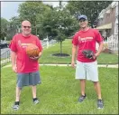  ?? SUBMITTED PHOTO ?? Special Olympics athlete Greg Bonnell, left, of Darby Township prepares to do some sports drills in his backyard with his brother-inlaw, Sean Gallagher of Havertown, the new manager of the Delaware County Special Olympics program. During the coronaviru­s pandemic, Delco Special Olympics is going virtual for its fall season of trainings. Athletes, their families and volunteers can learn more at www.sodelco.com.