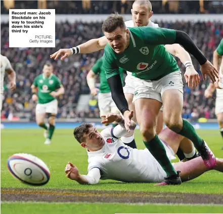  ?? PICTURE: Getty Images ?? Record man: Jacob Stockdale on his way to touching down his side’s third try