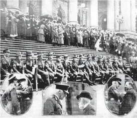  ??  ?? George Addison is among this group of servicemen receiving medals from the governor general on the steps of Parliament House on April 25, 1918.