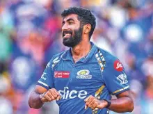  ?? AFP ?? Mumbai Indians’ Jasprit Bumrah celebrates the wicket of Delhi Capitals’ Prithvi Shaw during an IPL match.