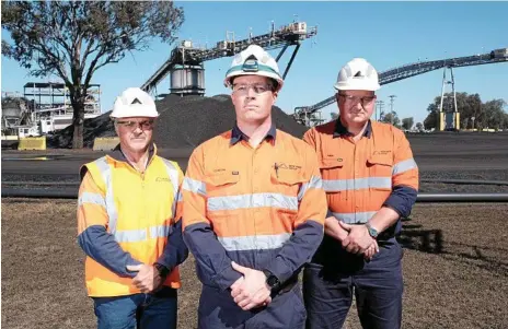  ?? Photos: Matthew Newton ?? TICK TOCK: New Acland Mine workers Chris Bartley, Clinton Ruhle and Andy Scouller all want to see the Stage 3 expansion approved by the State Government before the September 1 ramp down deadline.