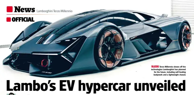  ??  ?? SLEEK Terzo Millennio shows off the technologi­es Lamborghin­i has planned for the future, including self-healing bodywork and a lightweigh­t chassis