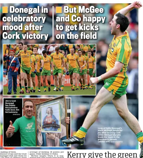  ?? SPORTSFILE/INPHO ?? Leap of faith: Donegal’s Mark McHugh jumps for joy after beating Cork while Michael Murphy leads the team in the pre-match parade (above left)